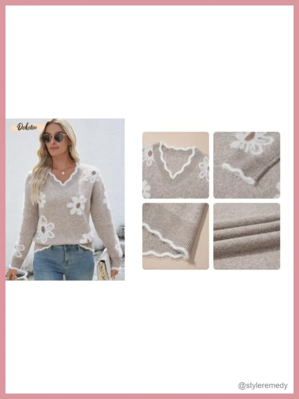 Women's Fuzzy Pullover Sweater V-Neck Long Sleeve Floral Print Cozy Knit Top